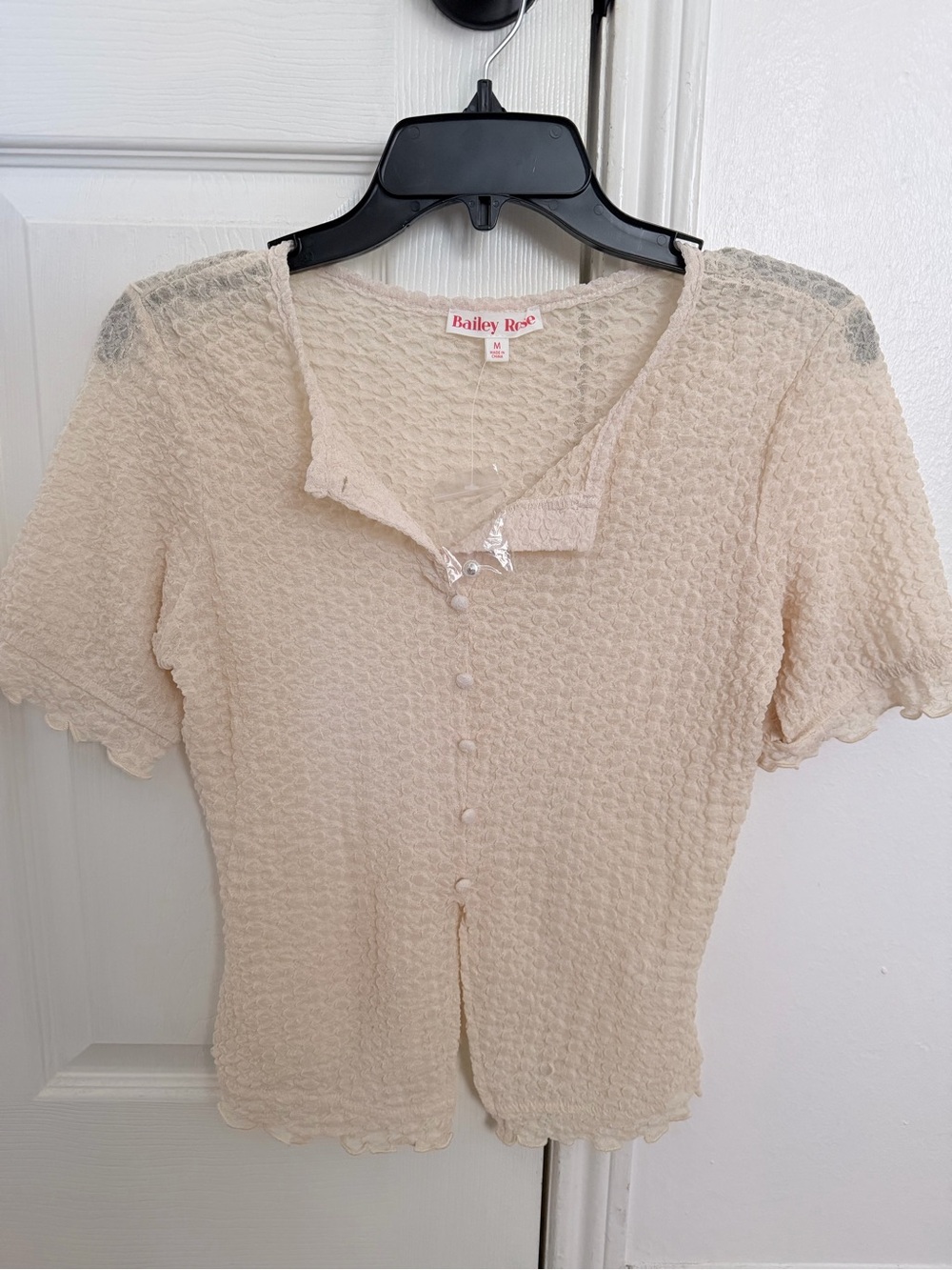 Cream Textured Button-Front Short Sleeve Top